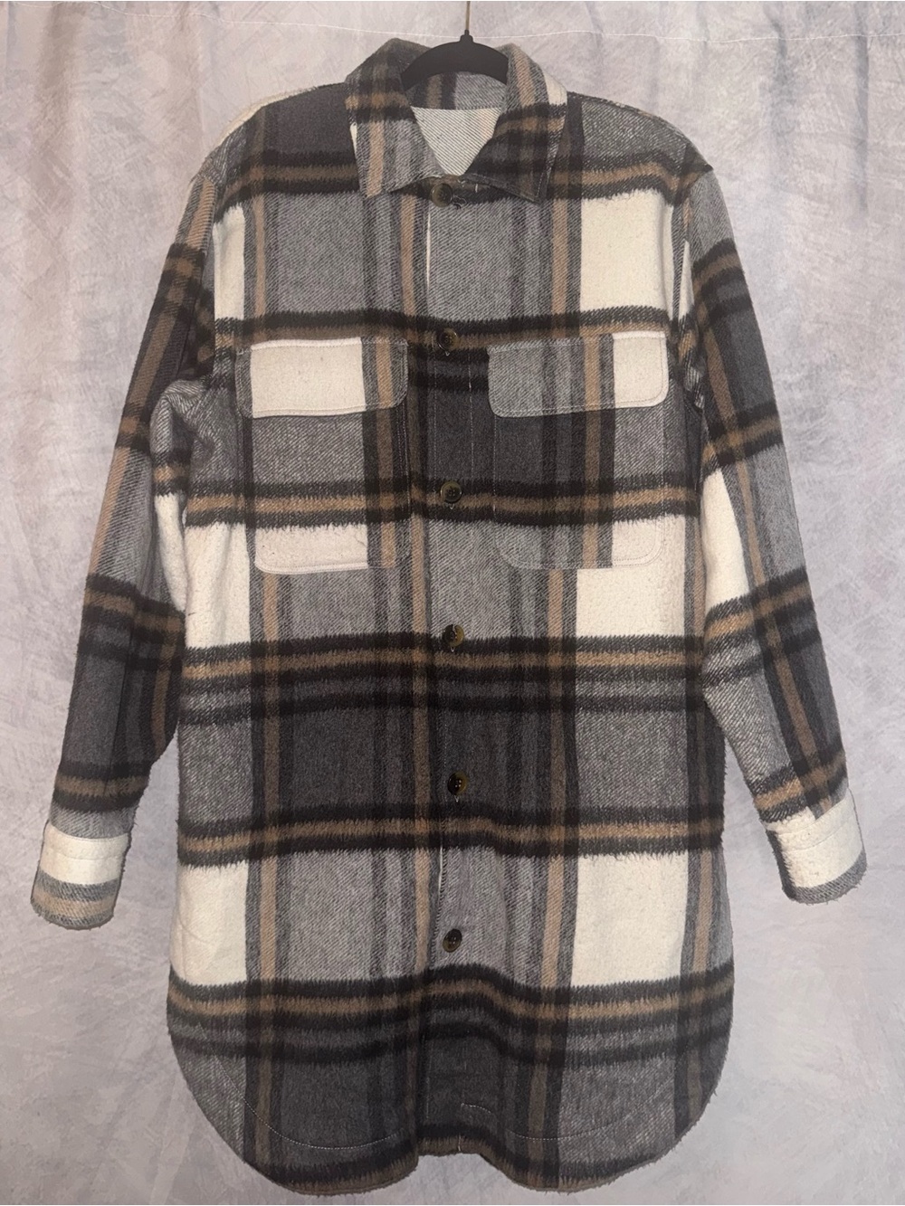 Zara Plaid Shirt Jacket in Gray, Cream & Brown